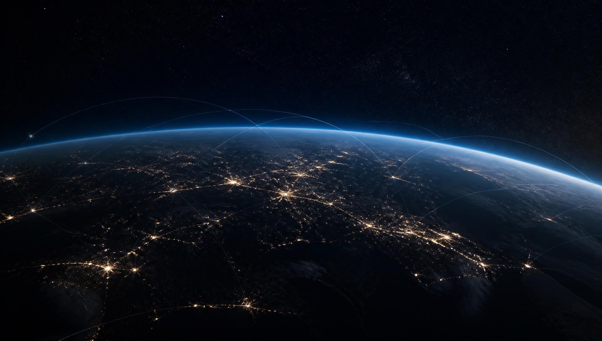 The curvature of Earth at night seen from orbit, crossed by faint satellite trajectory arcs